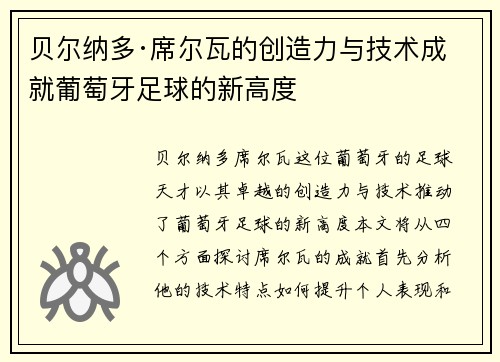 贝尔纳多·席尔瓦的创造力与技术成就葡萄牙足球的新高度