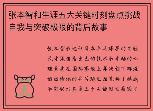 张本智和生涯五大关键时刻盘点挑战自我与突破极限的背后故事